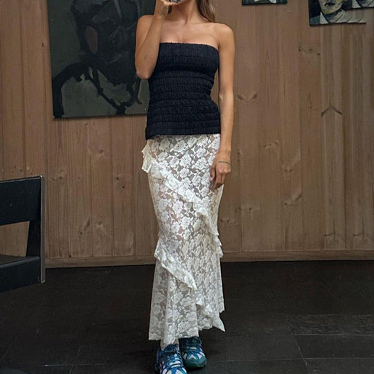 Damen Lange Spitzenrock mit asymmetrischem Rüschenverlauf und eleganter Blumenspitze R&B