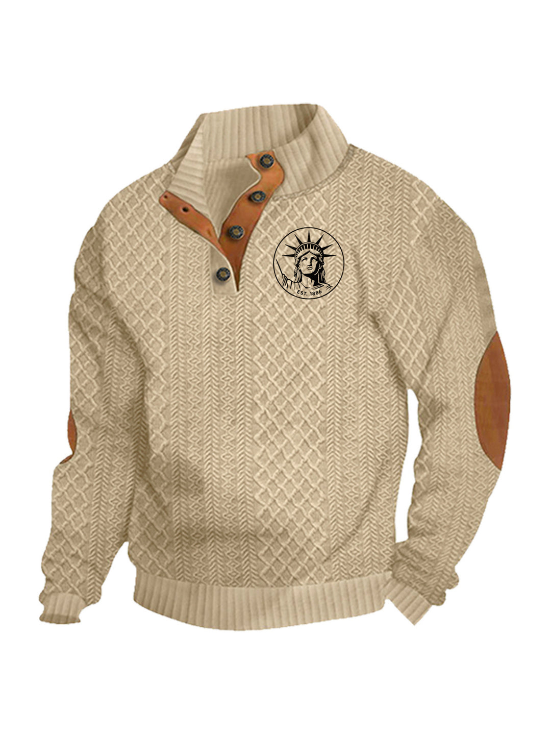 Herren nan Heritage-Strukturpullover mit Stehkragen Lederimitat-Besatz Ellenbogen-Patches und Halbknopfleiste R&B