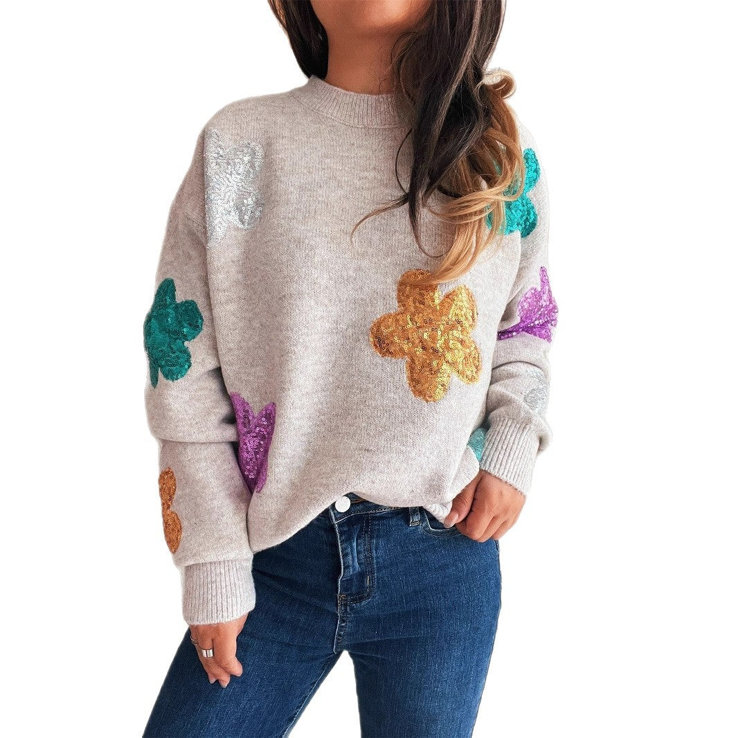Damen Strickpullover mit bunten Funkelblumen R&B
