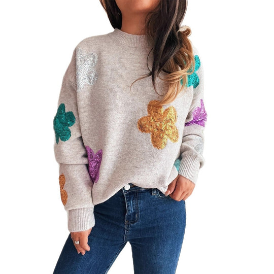 Damen Strickpullover mit bunten Funkelblumen R&B