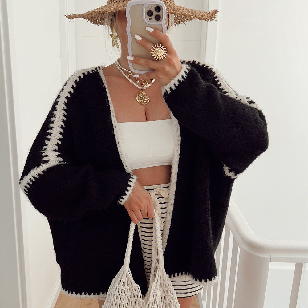 Damen lässiger Strickcardigan mit attraktiven Kontrastdetails R&B