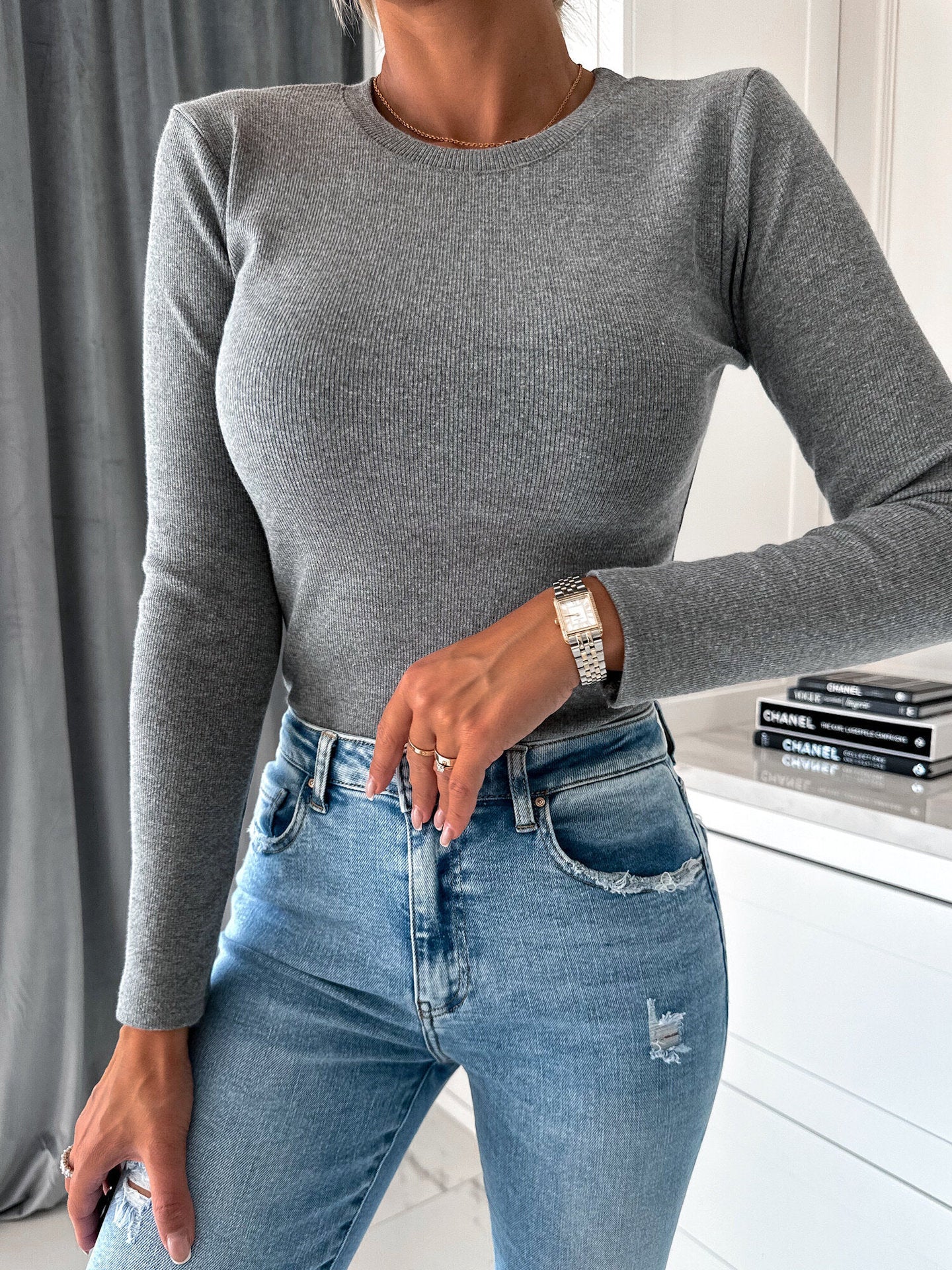 Damen Langarm-Shirt mit strukturierter Oberfläche und figurbetonter Passform R&B