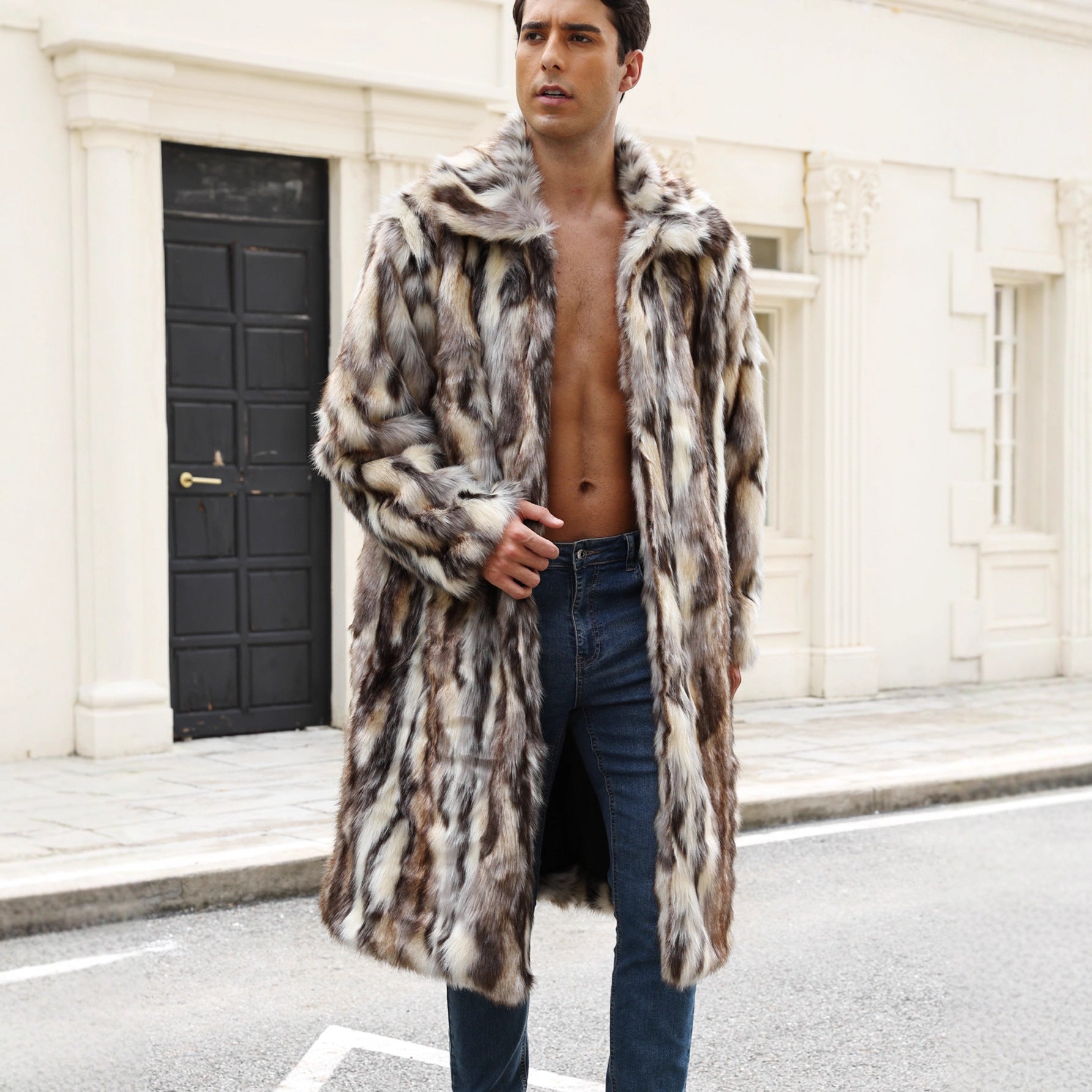 Herren Glamouröser Kunstpelzmantel mit voluminösem Kragen R&B