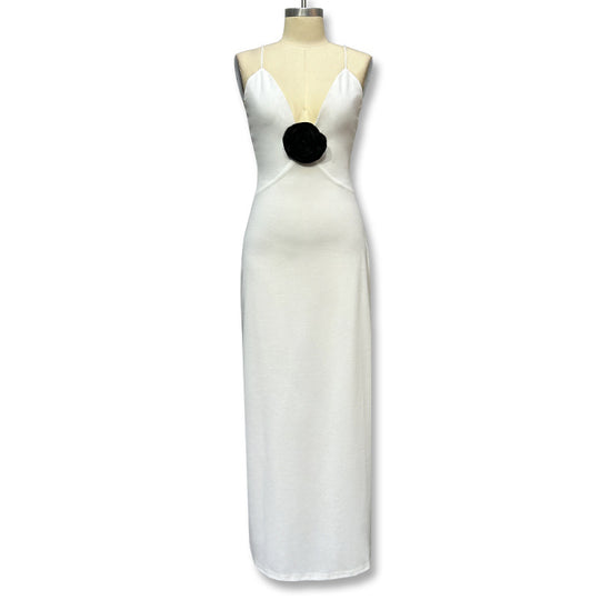 Damen Elegantes Maxikleid mit tiefer V-Ausschnitt und dekorativer Blüte R&B