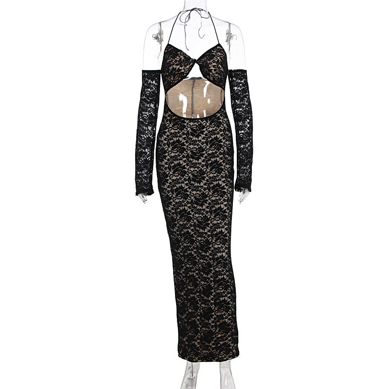 Damen aufregendes Spitzenkleid mit tiefem Rückenausschnitt und langem Arm R&B