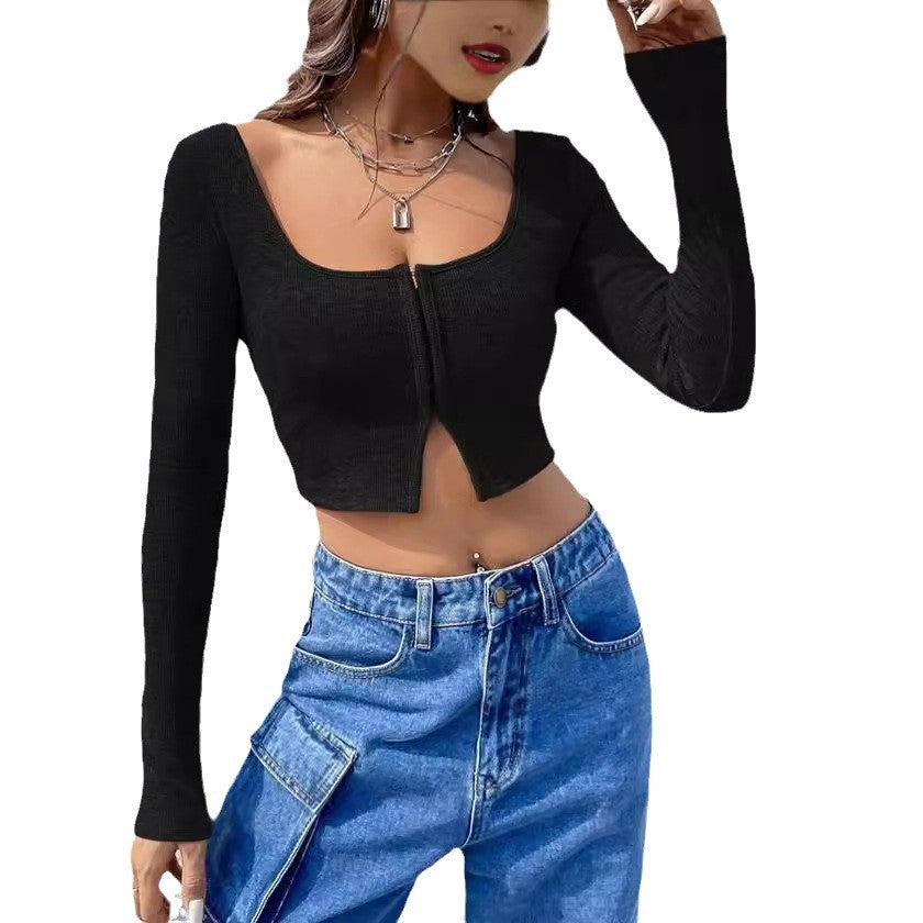 Damen Cropped Oberteil mit Reißverschluss und langem Arm R&B