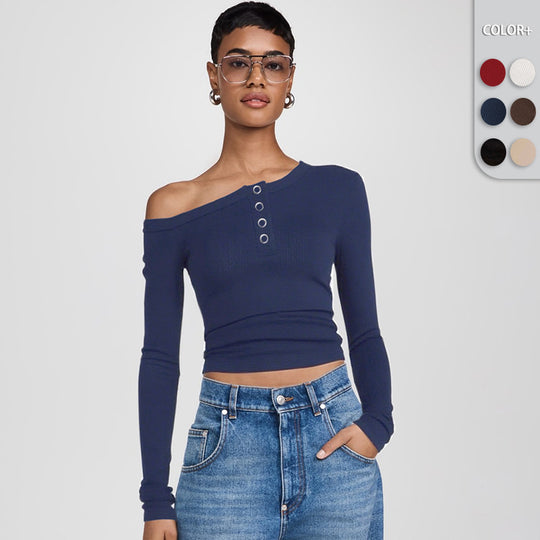 Damen asymmetrisches Langarmshirt mit Knopfleiste und figurbetontem Schnitt R&B