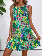 Damen nan luftiges A-Linien-Minikleid mit Rundhalsausschnitt und Volant-Saum R&B