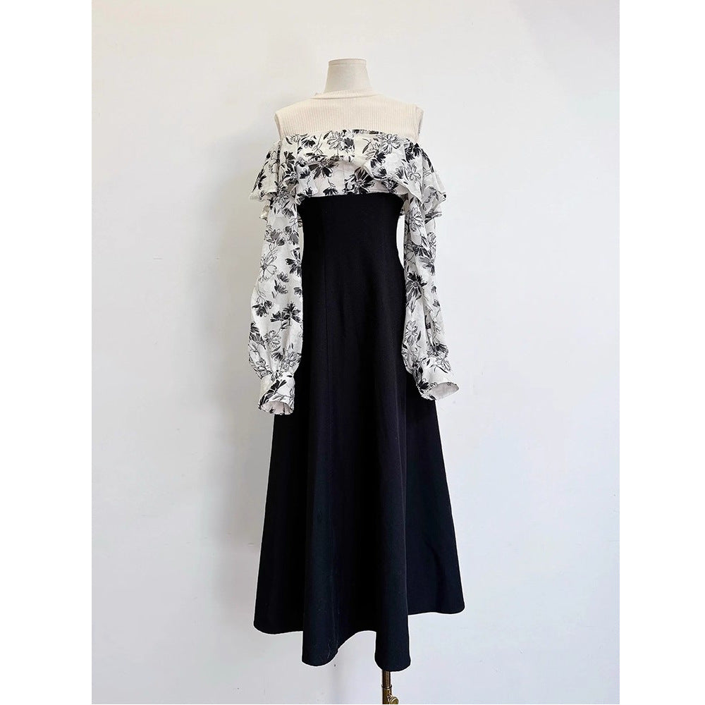 Damen Elegantes Maxikleid mit floralem Chiffon-Oberteil und schulterfreiem Design