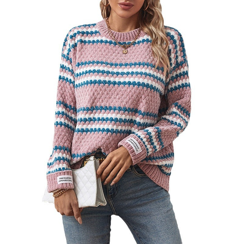 Damen Strickpullover mit strukturiertem Mustermix und bequemem Rundhalsausschnitt