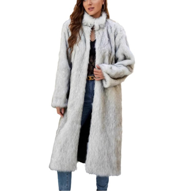 Damen Langer Kunstpelzmantel mit eleganter Kragenverzierung R&B