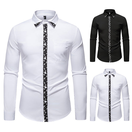 Herren elegantes Langarmhemd mit floralem Kragen und Brusttasche R&B