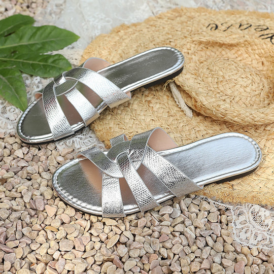 Damen modische Pantoletten mit elegantem Metallic-Riemendesign und komfortablem Fußbett R&B