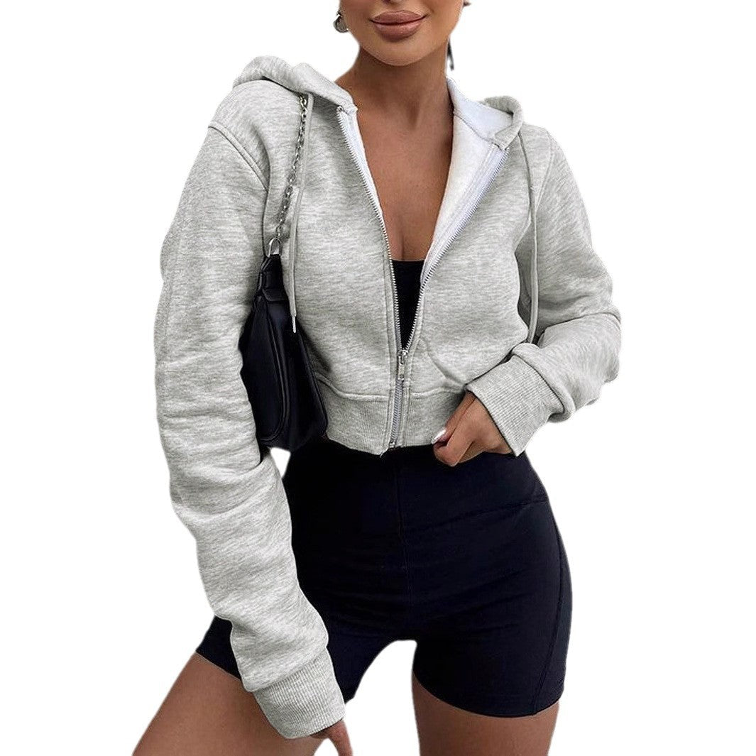 Damen cropped Kapuzenpullover mit Reißverschluss und sportlichem Design R&B