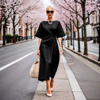 Damen elegantes Midikleid mit breitem Taillengürtel und weiten Ärmeln R&B