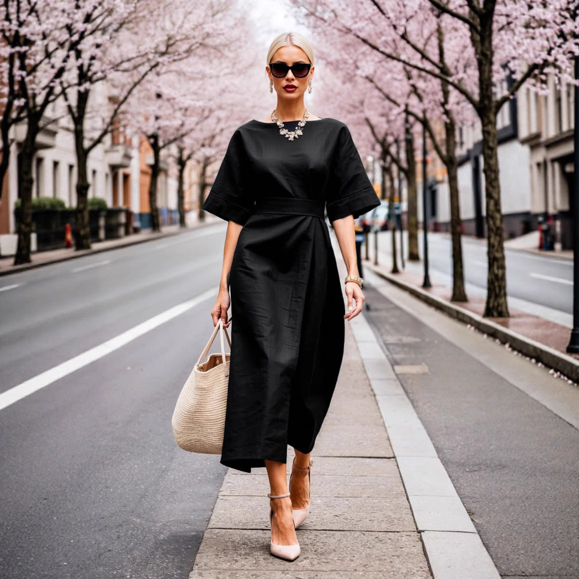 Damen elegantes Midikleid mit breitem Taillengürtel und weiten Ärmeln R&B
