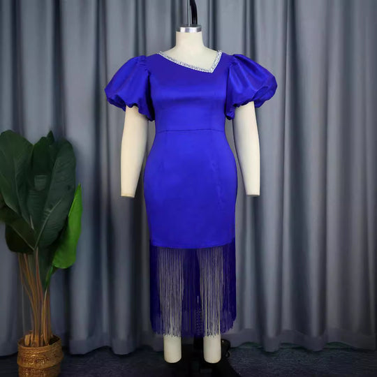 Damen Glamouröses Abendkleid mit voluminösen Puffärmeln und Fransen Saum R&B