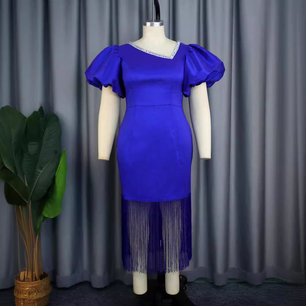 Damen figurbetontes Kleid mit voluminösen Puffärmeln und Fransen R&B