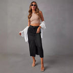 Damen Lässiger Denim Rock mit seitlichem Schlitz und fransigem Saum R&B