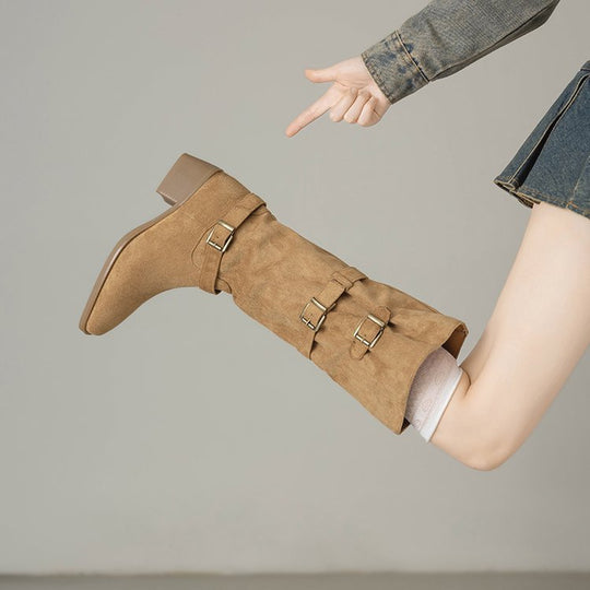 Damen Overknee Stiefel mit modischen Schnallen R&B