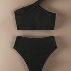 Damen Sport-Bikini mit asymmetrischem Oberteil und hohem Bund R&B