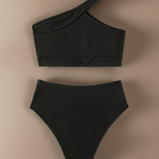Damen Sport-Bikini mit asymmetrischem Oberteil und hohem Bund R&B