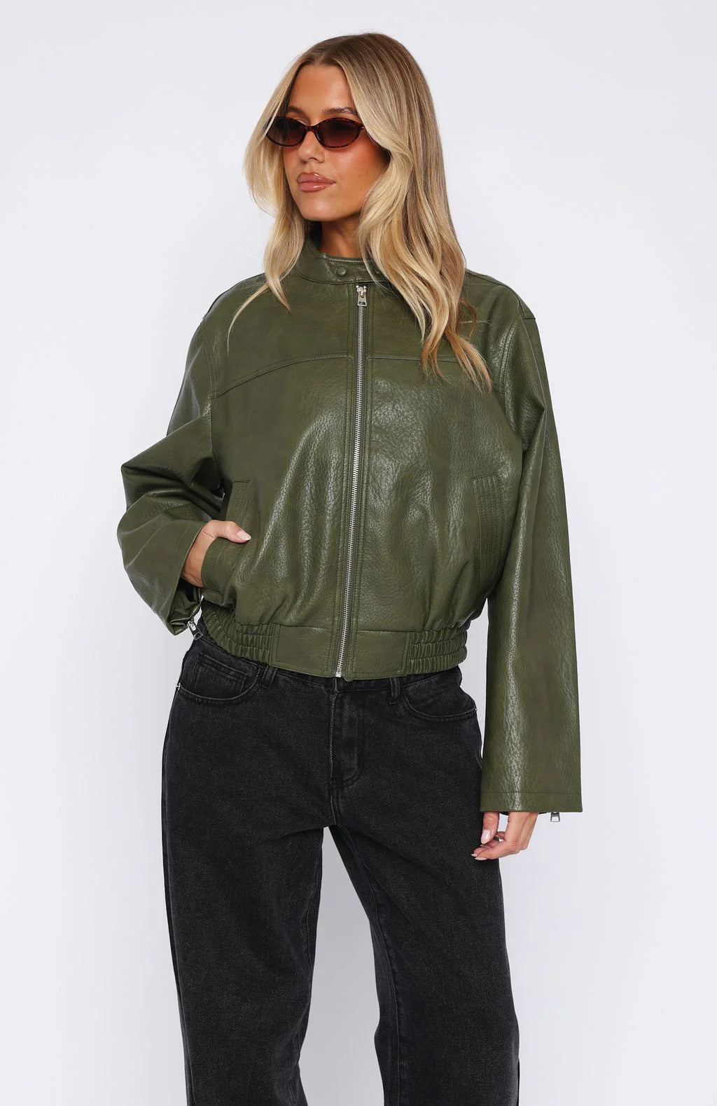 Damen Kunstleder Jacke mit elastischem Bund und hohem Stehkragen R&B