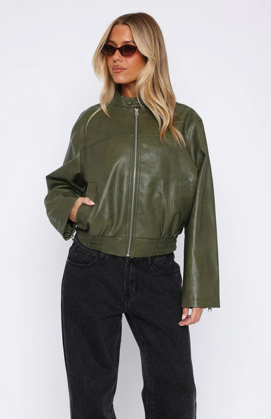 Damen Kunstleder Jacke mit elastischem Bund und hohem Stehkragen R&B