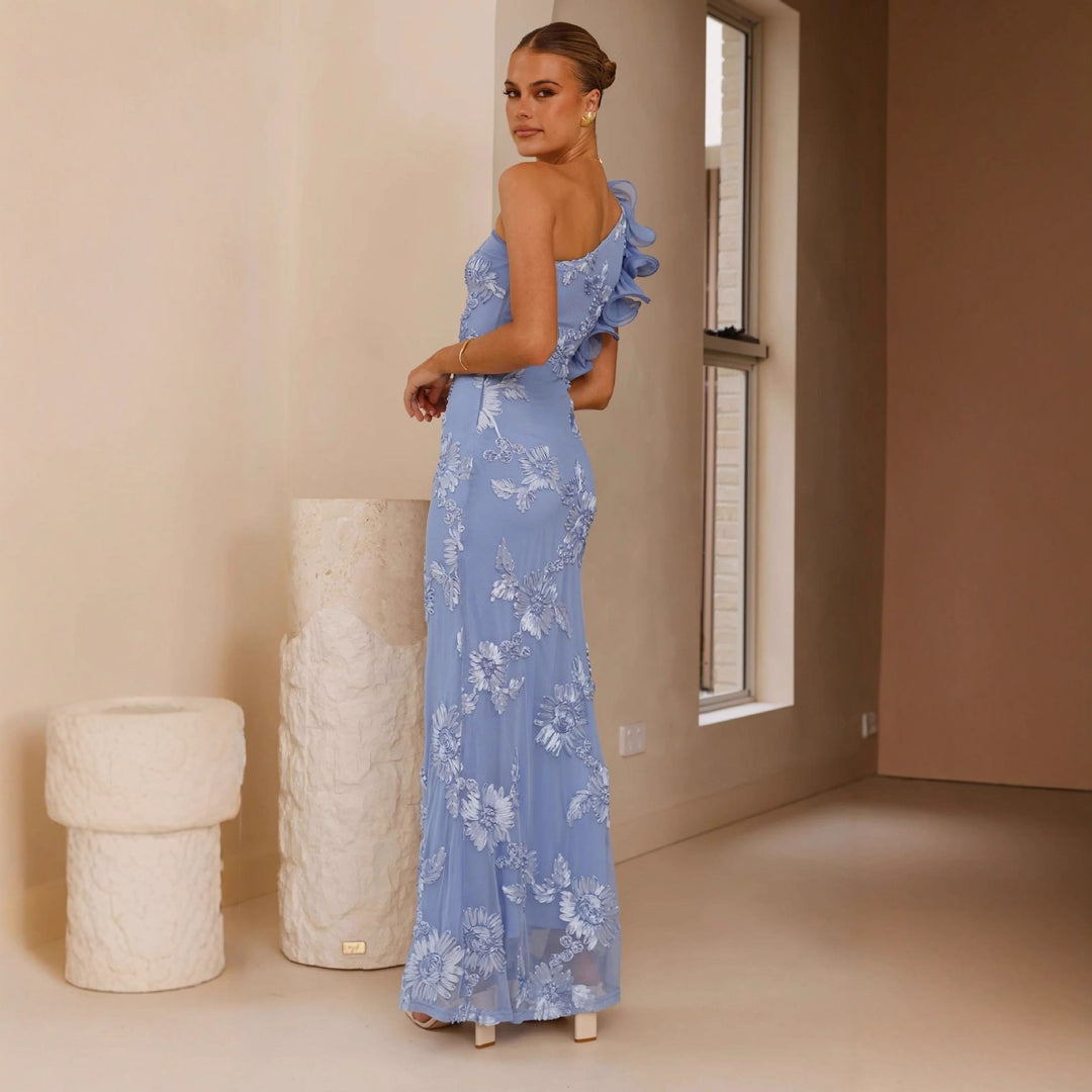 Damen Elegantes und figurbetontes Maxikleid mit asymmetrischem Träger und floralen Applikationen R&B