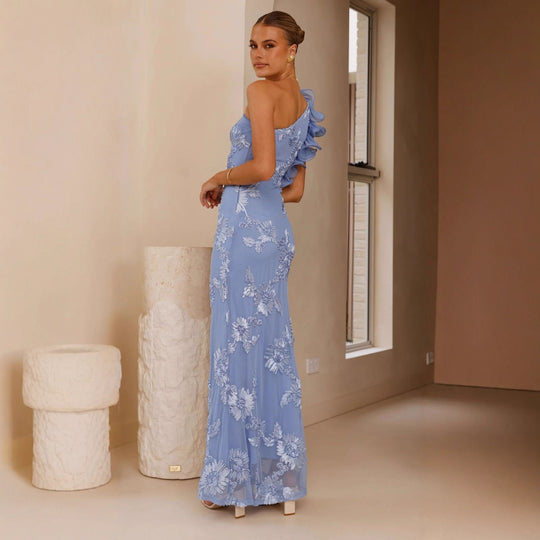 Damen Elegantes und figurbetontes Maxikleid mit asymmetrischem Träger und floralen Applikationen R&B
