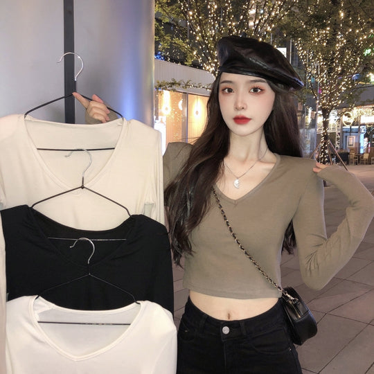 Damen Cropped Langarmshirt mit modischem V-Ausschnitt und bequemen Materialien R&B
