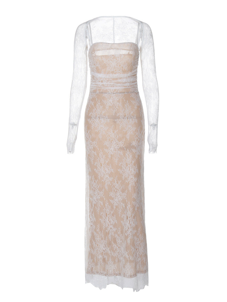 Damen Spitzennachtkleid mit transparenten Ärmeln und figurformendem Schnitt R&B