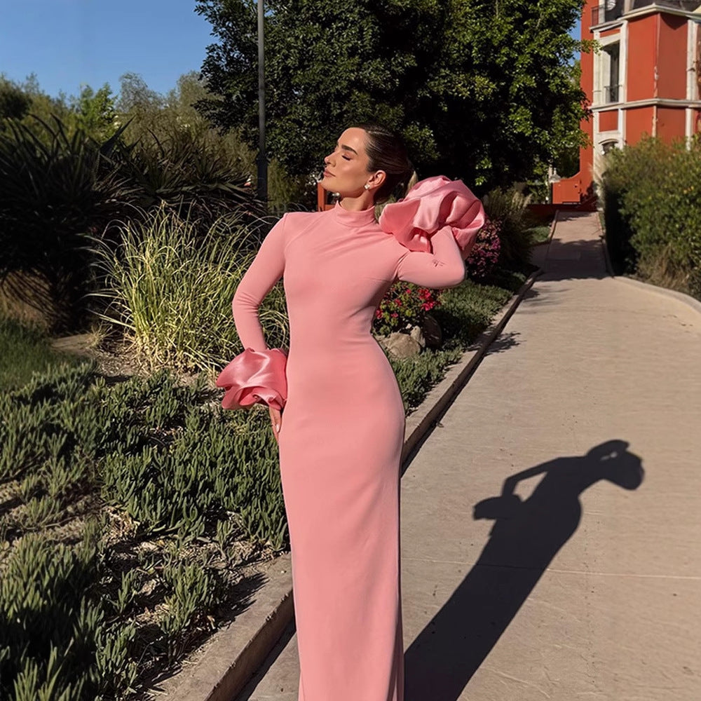 Damen Maxikleid mit rüschenförmigen Ärmeln und elegantem Stehkragen R&B