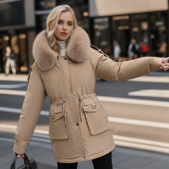 Damen warme Winterjacke mit abnehmbarem Pelzkragen R&B