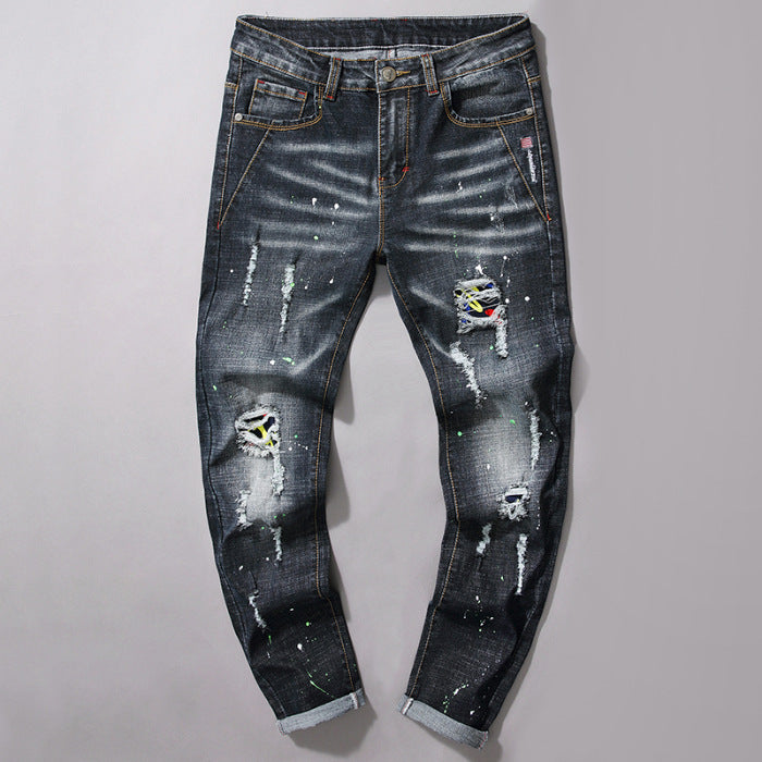 Herren Slim Fit Jeans mit kreativen Rissdesign und Farbklecksen R&B