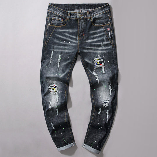 Herren Slim Fit Jeans mit kreativen Rissdesign und Farbklecksen R&B