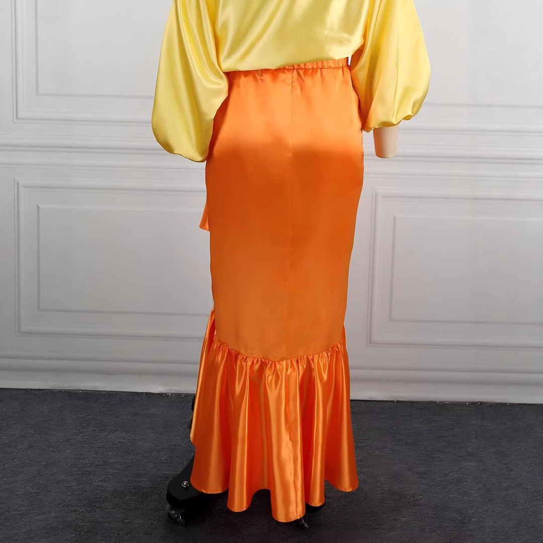 Damen Eleganter Satinrock mit asymmetrischem Design und voluminösem Rüschenabschluss R&B