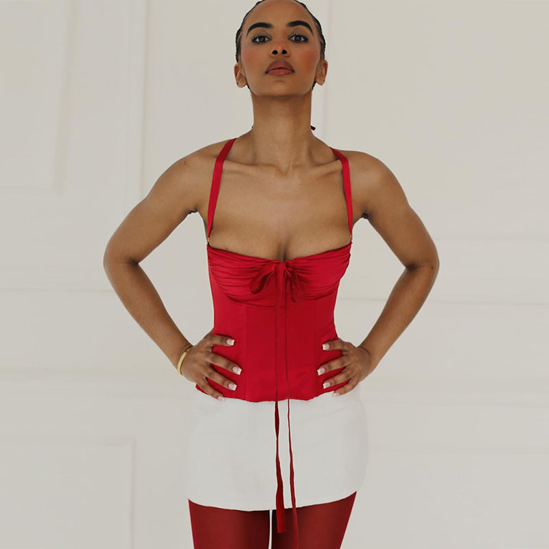 Damen Satin-Oberteil mit verspieltem Rüschendetail und dekorativem Bindeband R&B