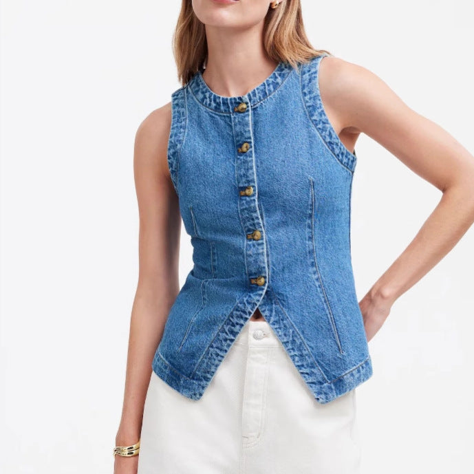 Damen Jeans-Weste mit asymmetrischem Schnitt und dekorativen Knöpfen R&B