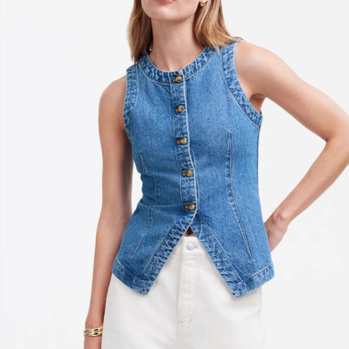 Damen Jeans-Weste mit asymmetrischem Schnitt und dekorativen Knöpfen R&B