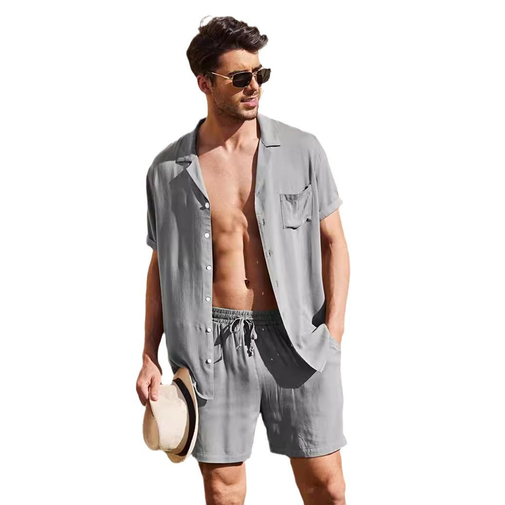 Herren nan zweiteiliges Sommer-Freizeitensemble mit offenem Revershemd und elastischer Kurzhose R&B
