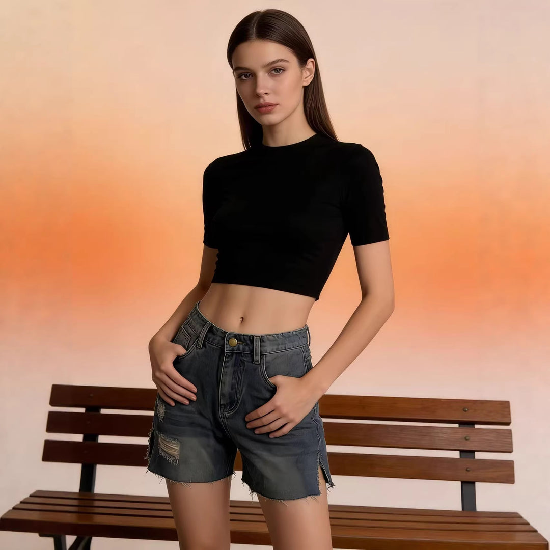 Damen lässige Jeansshorts mit fransigen Abschlüssen und seitlichem Schlitz R&B