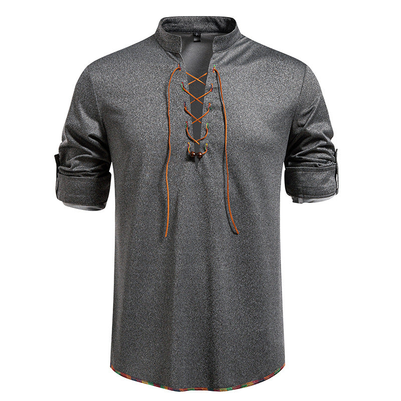 Herren Langarmshirt mit Kordelzug und Stehkragen R&B