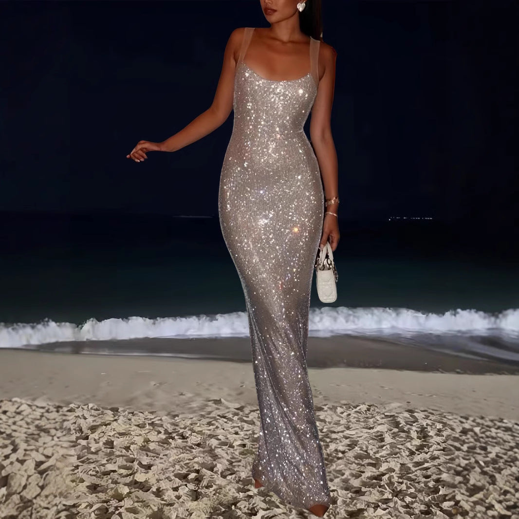 Damen Elegantes Pailletten Maxikleid mit tiefem Rundhalsausschnitt und figurformendem Schnitt R&B