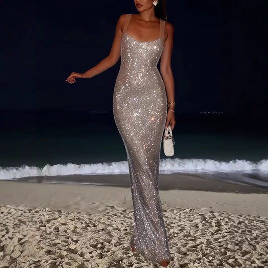 Damen Elegantes Pailletten Maxikleid mit tiefem Rundhalsausschnitt und figurformendem Schnitt R&B