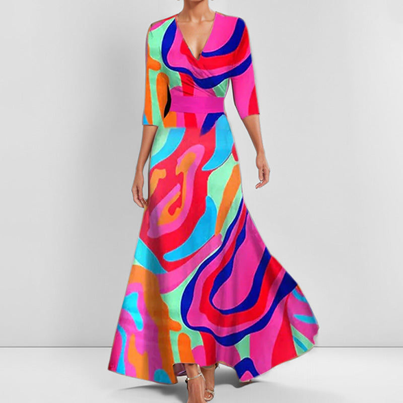 R&B | Elegantes V-Ausschnitt Bedrucktes Taillenkleid mit Schößchen