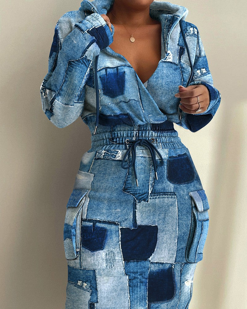 Damen lässiges Set mit modernem Zeitungsdruck R&B