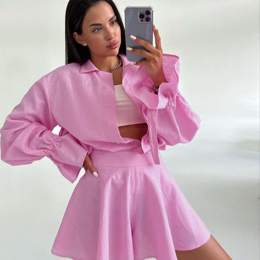 Damen Modisches Freizeit-Outfit mit ballongeschlossenen Ärmeln und Wickelrock R&B