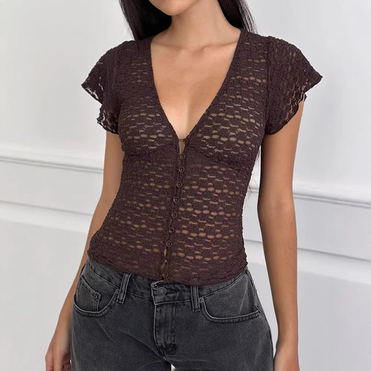 Damen Verspieltes Spitzenoberteil mit fließendem Design und kurzen Puffärmeln R&B