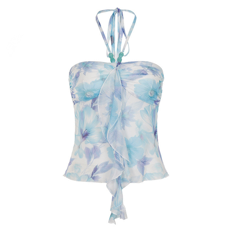Damen Spaghetti-Trägertop mit floralen Einsätzen und transparenten Rüschen R&B